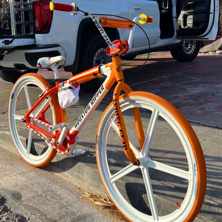 SE Bike Chain styled with white and orange two-tone accents on a custom bike featuring bold design.