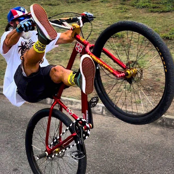 BMX Bicycle 16 rider performing a stunt in a park, showcasing skill and style on a black and white bicycle with vibrant details.
