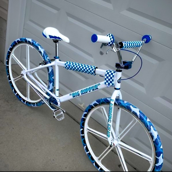 BMX Bikes Best Brands - Custom white bike with blue and white checkered pattern and unique tire design.