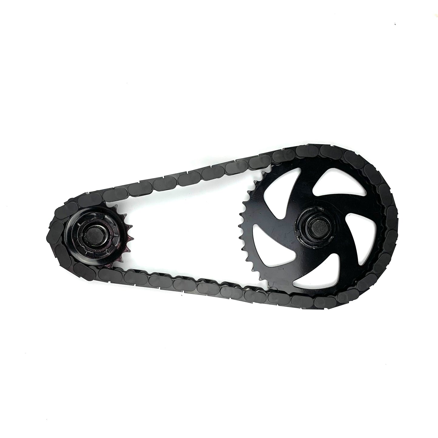 BMX Bikes 16 Inch and larger black snap-on chain caps showing a black chain and sprocket design.