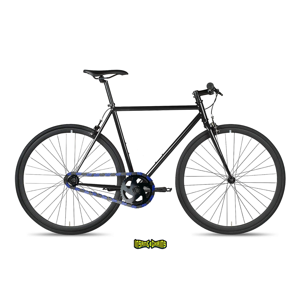 Custom BMX Parts – Black & Blue Two Tone Insane Chains on a stylish BMX bike.