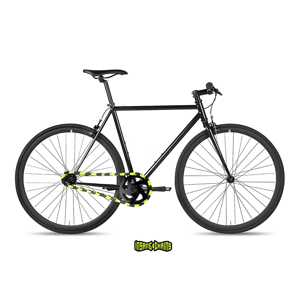 BMX Bike Youth in black and green two tone design with Insane Chains snap-on caps for a standout look.