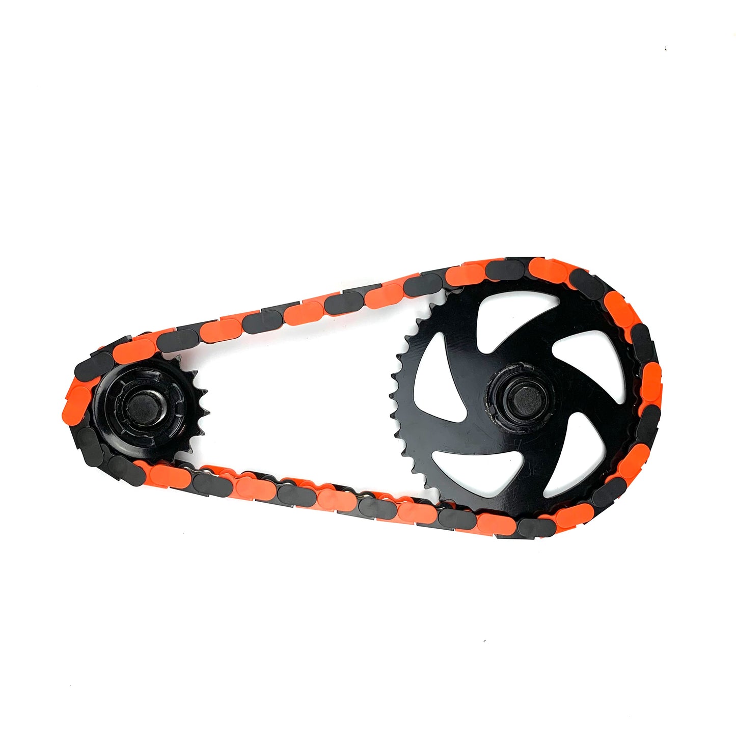Bike Chain Cover featuring black and orange design with sprockets and snap-on caps for enhanced style.