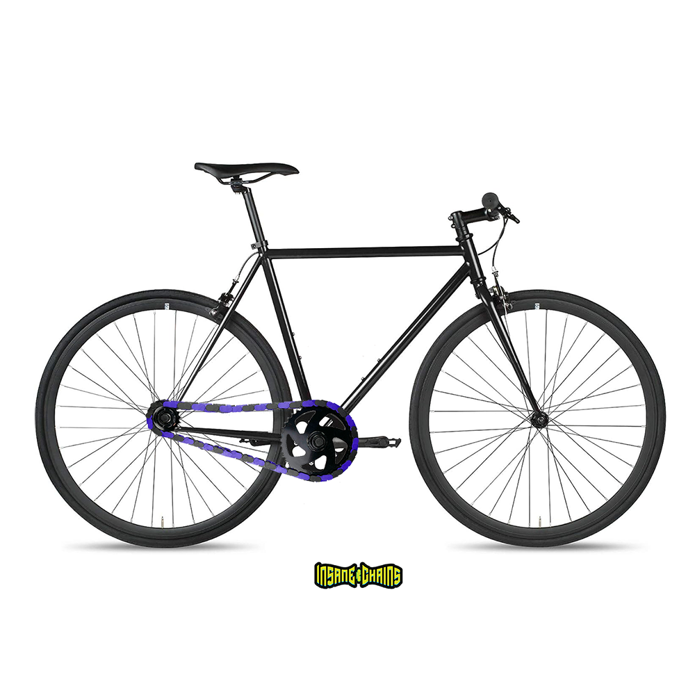 S E Bike with black frame and purple chain, featuring Insane Chains black & purple two tone design.