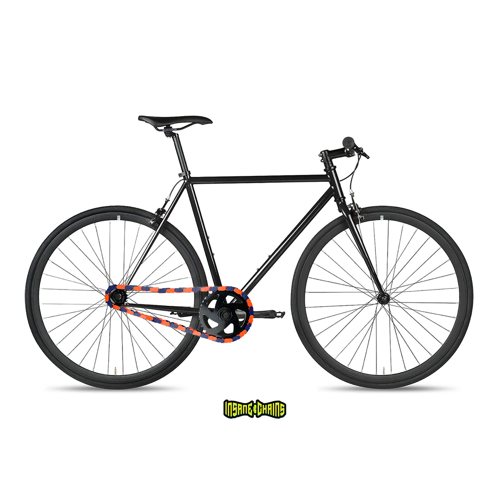 Bike Chain Cover in Blue & Orange two tone on a stylish black bike, enhancing its look and performance.