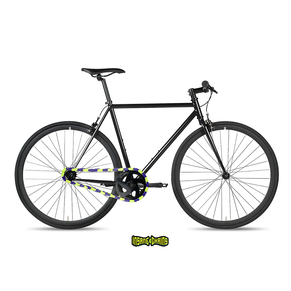 Fixie Bikes Parts with vibrant two-tone Insane Chains in bright green and purple on a sleek black frame.