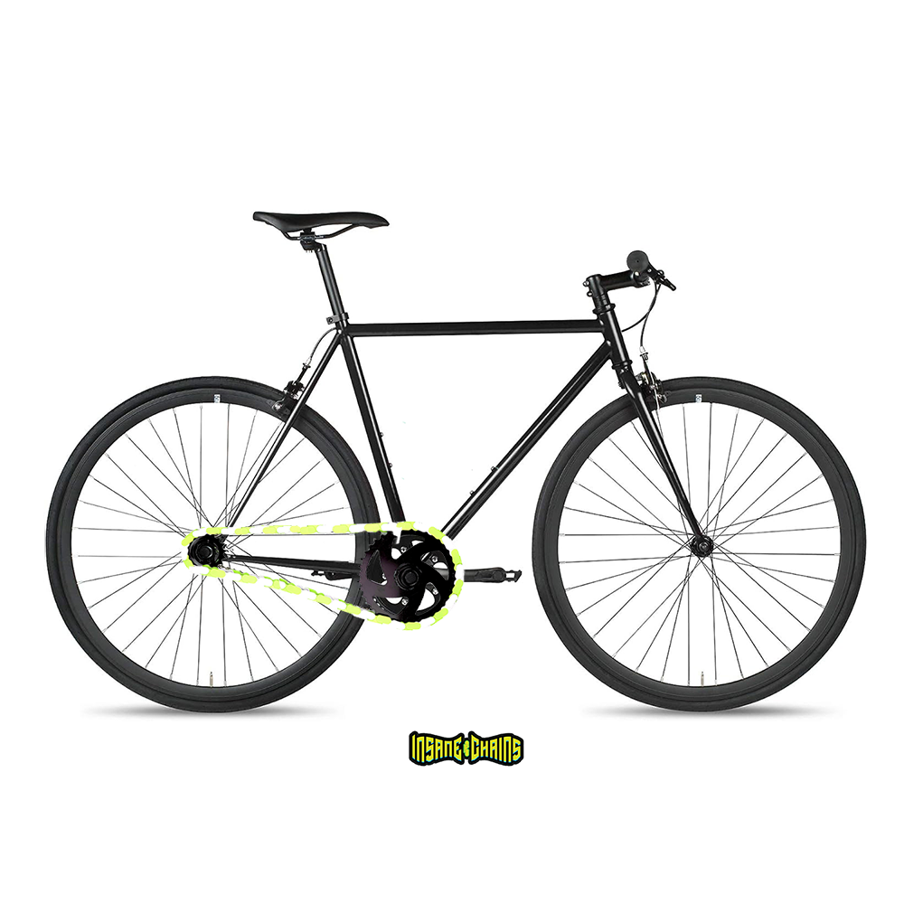 Single Speed Bike Chain featuring Green & White two tone caps on a modern bike design.