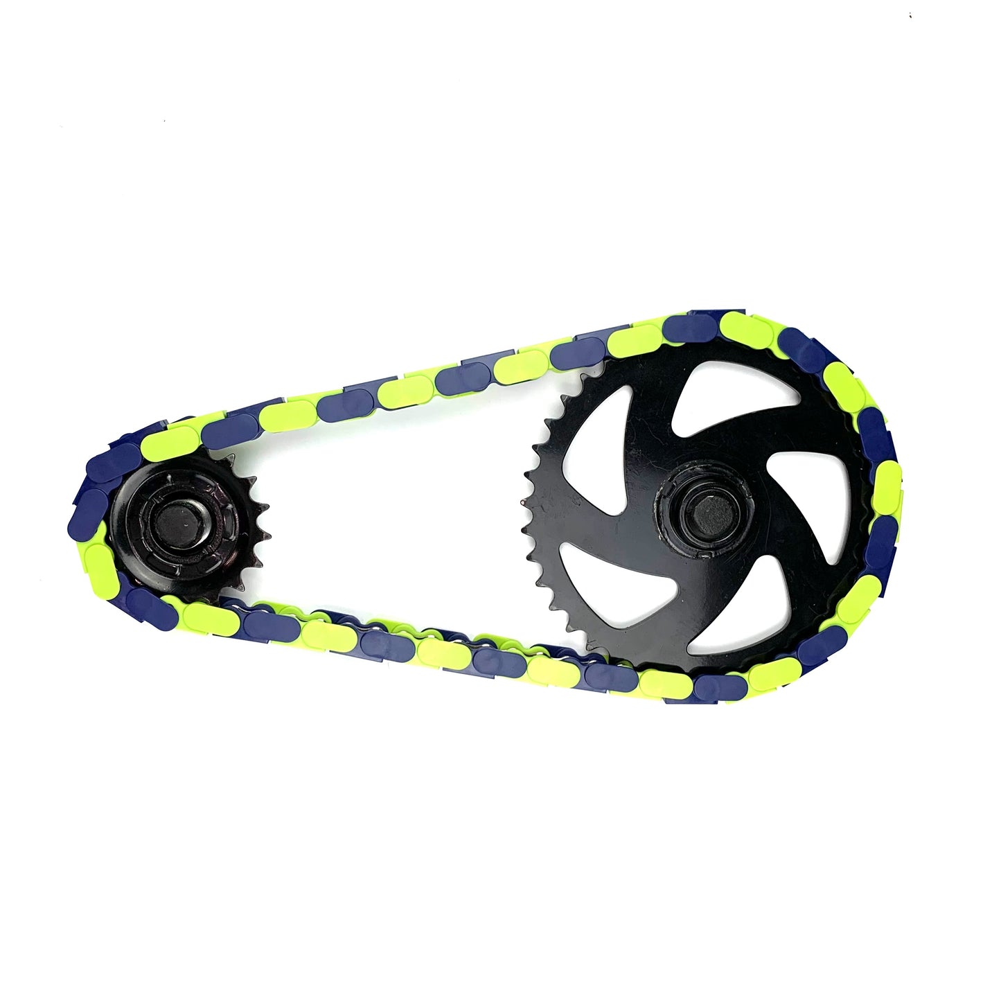Single Speed Bike Chain in blue and bright green two tone design with black sprockets.