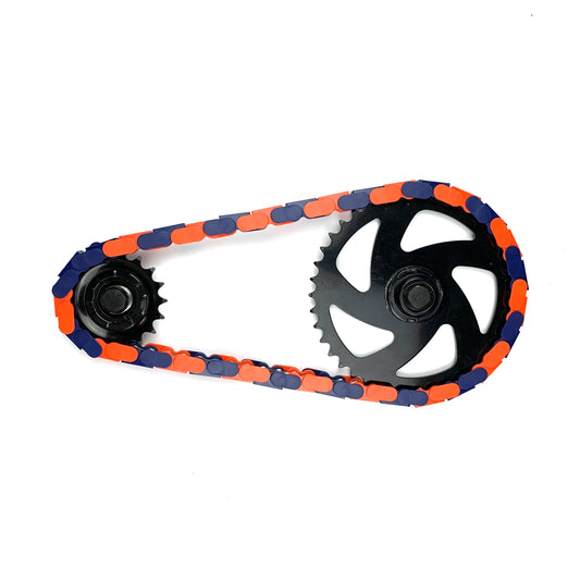 Bike Chain Cover featuring a blue and orange two-tone design for a bold look while cycling.