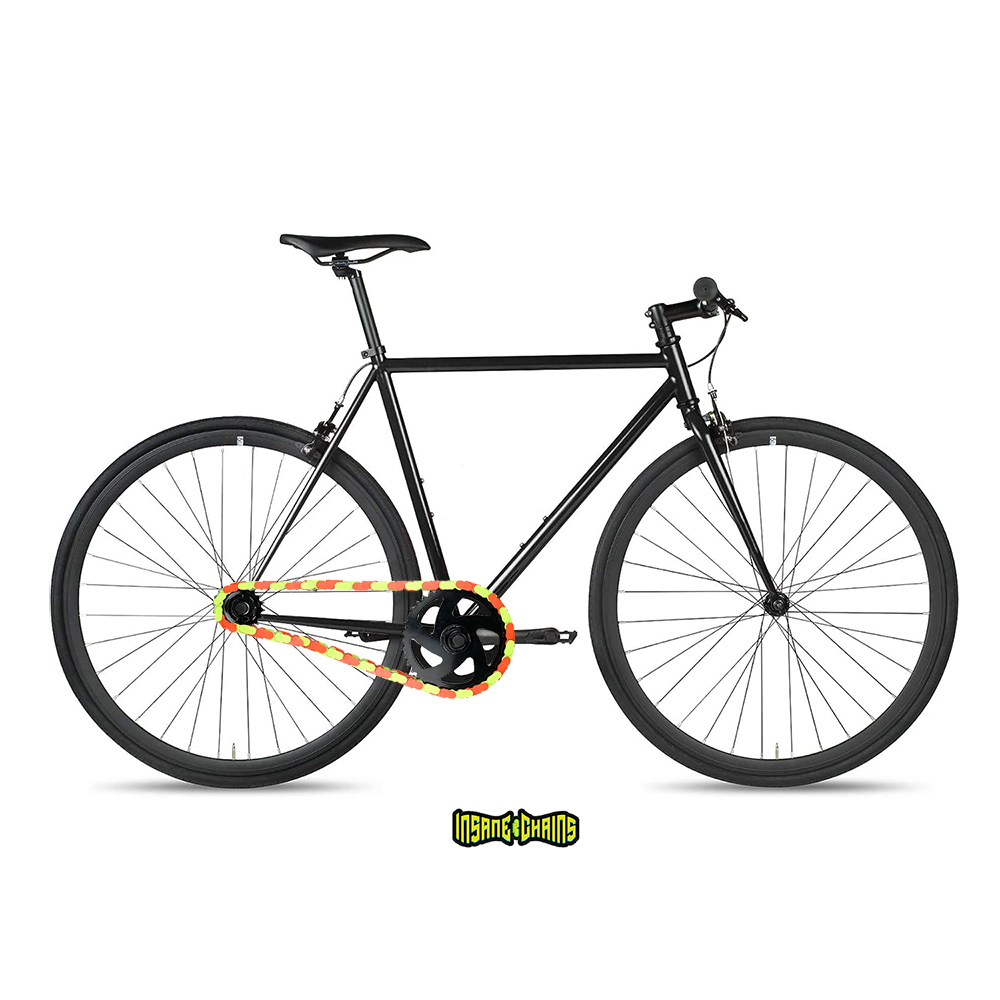 Fixie Bikes Parts with colorful Insane Chains and a sleek black frame showcasing orange and yellow accents.