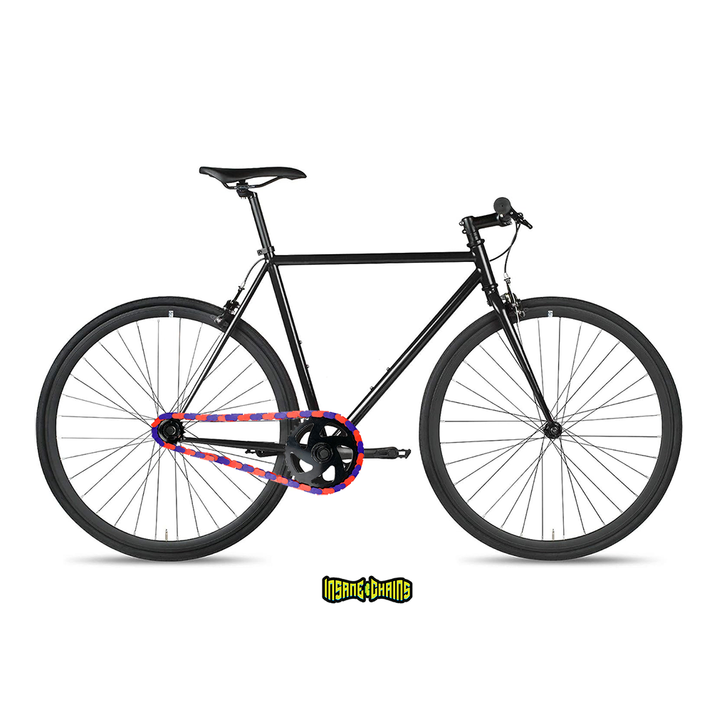 Bike Chain Cover – Purple & Red Two Tone Insane Chains featured on a sleek black bicycle.