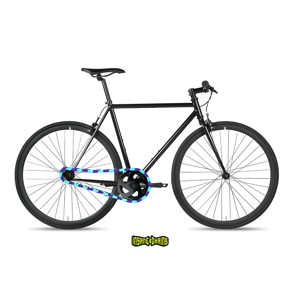 Single Speed Bike Chain featuring Blue & Teal Two Tone Insane Chains on a sleek black bike.