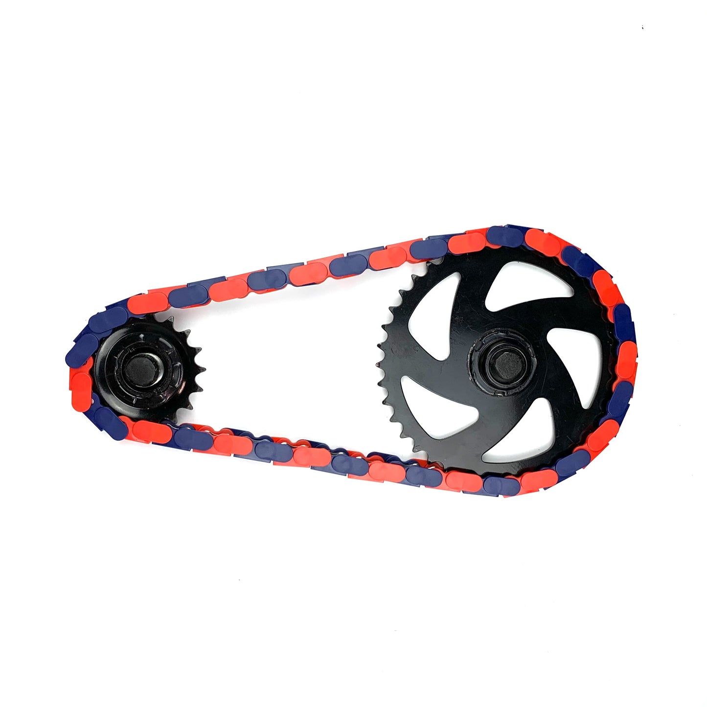 Bike Chain Accessories featuring a red and blue two tone chain with black gears for a stylish custom look.