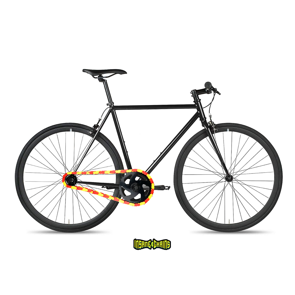 Single Speed Bike Chain in bold red and yellow two-tone colors on a stylish black bicycle.
