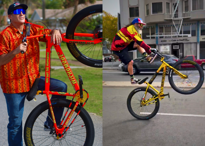 Two images of a professional rider with BMX bikes; with Insane Chains snap on caps in different settings.