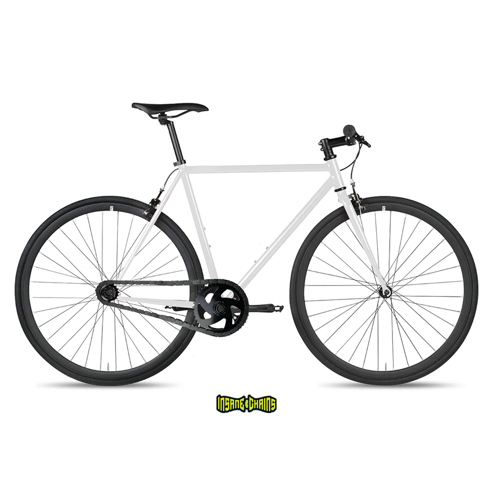 BMX Bikes 16 Inch and larger - Black Snap-On Chain Caps on a white bike with black wheels.