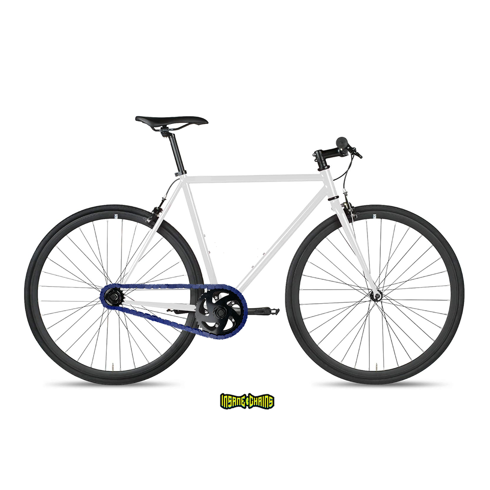 Big Wheelie Bikes featuring white frame and blue snap-on chain caps for bold style.