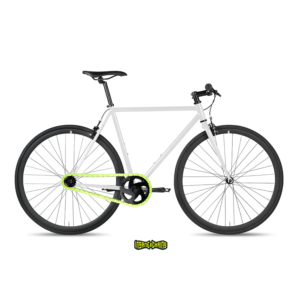 BMX Bikes Green with Bright Green Insane Chains snap-on caps on single-speed chain.