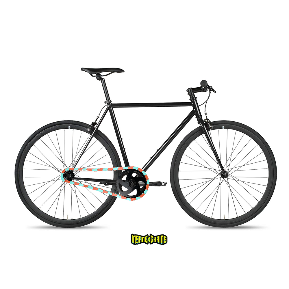 Chain Cover for Bikes featuring teal and orange two tone design on a sleek black bike.