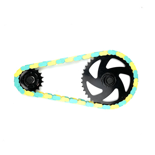 Custom Bike Chain with Teal & Yellow Two Tone snap-on caps from Insane Chains.