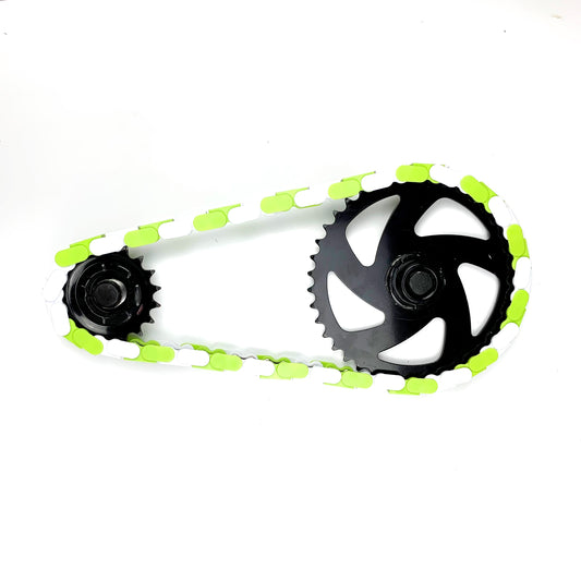 Single Speed Bike Chain featuring green and white two tone design with a black gear.