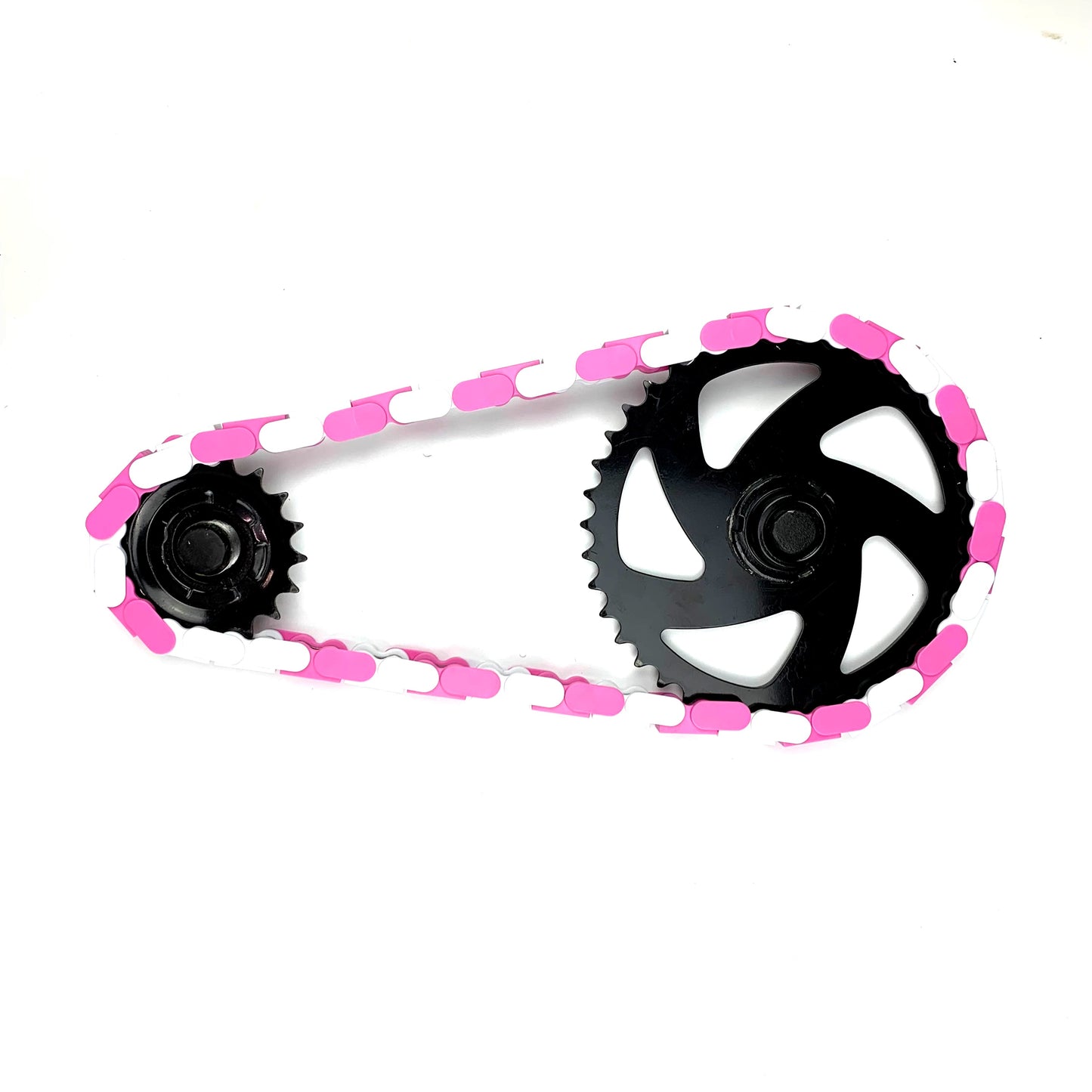 BMX Bikes Pink with Insane Chains featuring white and pink two tone design on a bike chain.