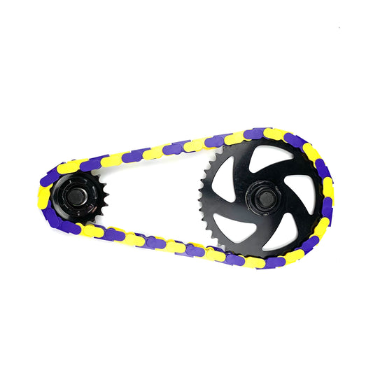 Fixie Bikes Parts featuring a purple and yellow two tone Insane Chains design with a sleek sprocket.