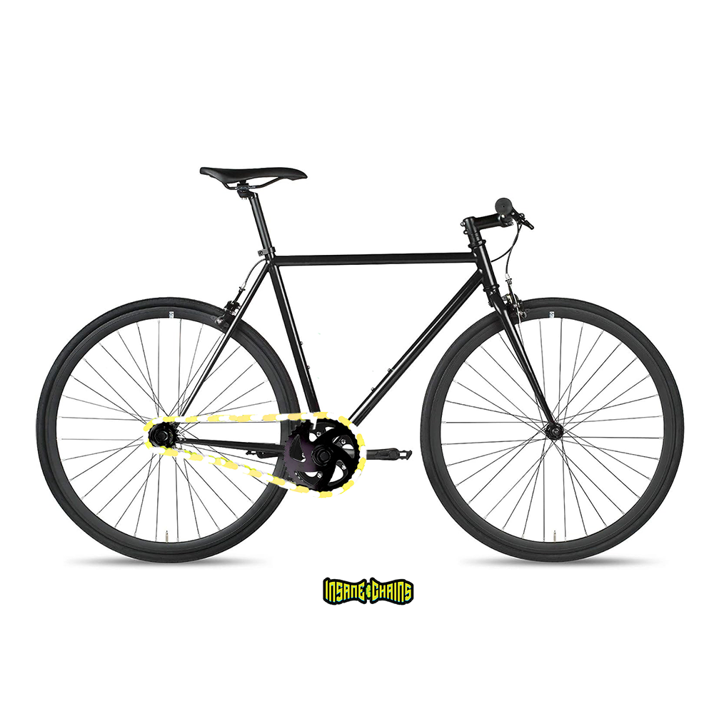 Bike Chain Accessories – Black bike with yellow and white two-tone accessories, showcasing stylish Insane Chains.
