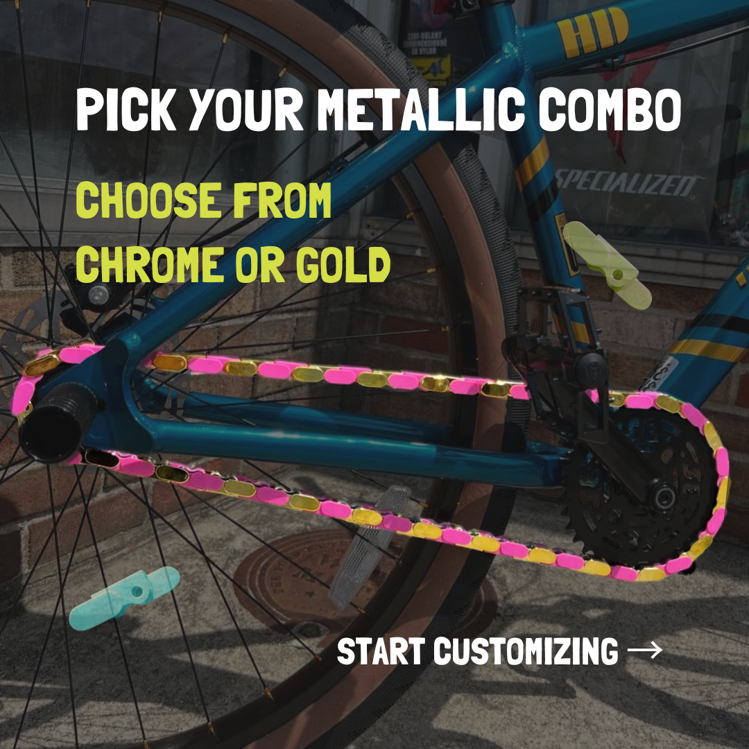 BMX bicycle 16 inch with colorful chain caps in gold and chrome for customization.