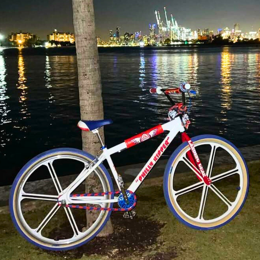 Bike Chain Cover in purple and red on a stylish bicycle by the waterfront at night, showcasing vibrant urban aesthetics.