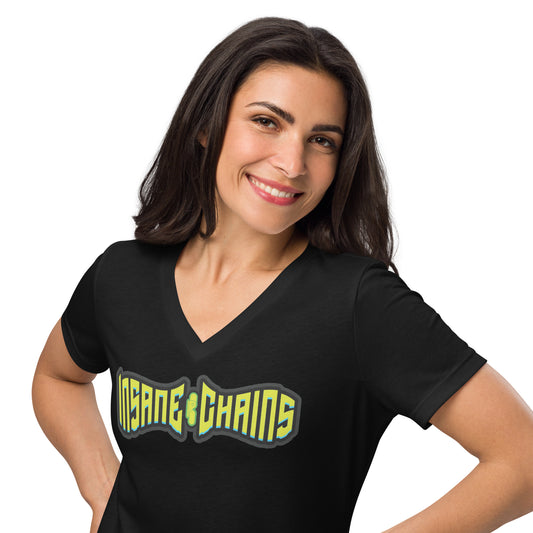 Woman wearing Insane Chains Women’s Relaxed V-Neck T-Shirt, showcasing comfort and style in black.