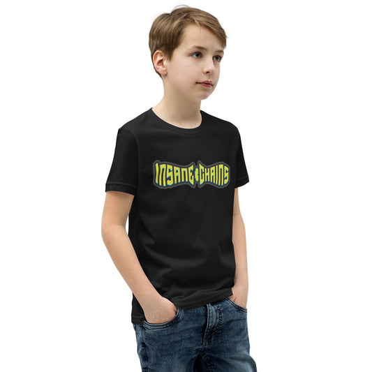 Boy wearing Insane Chains youth short sleeve t-shirt in black, showcasing bold style and comfort for young riders.