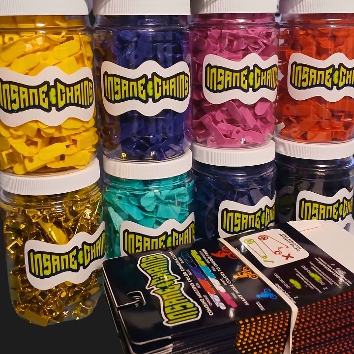 Fast Selling Bike Shop Accessories - Insane Chains Dealer Kits with colorful jars of bike chains