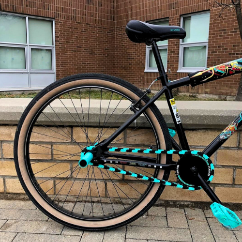 BMX Bikes Used with Black & Teal Two Tone Insane Chains displayed outdoors, showcasing a stylish custom design.