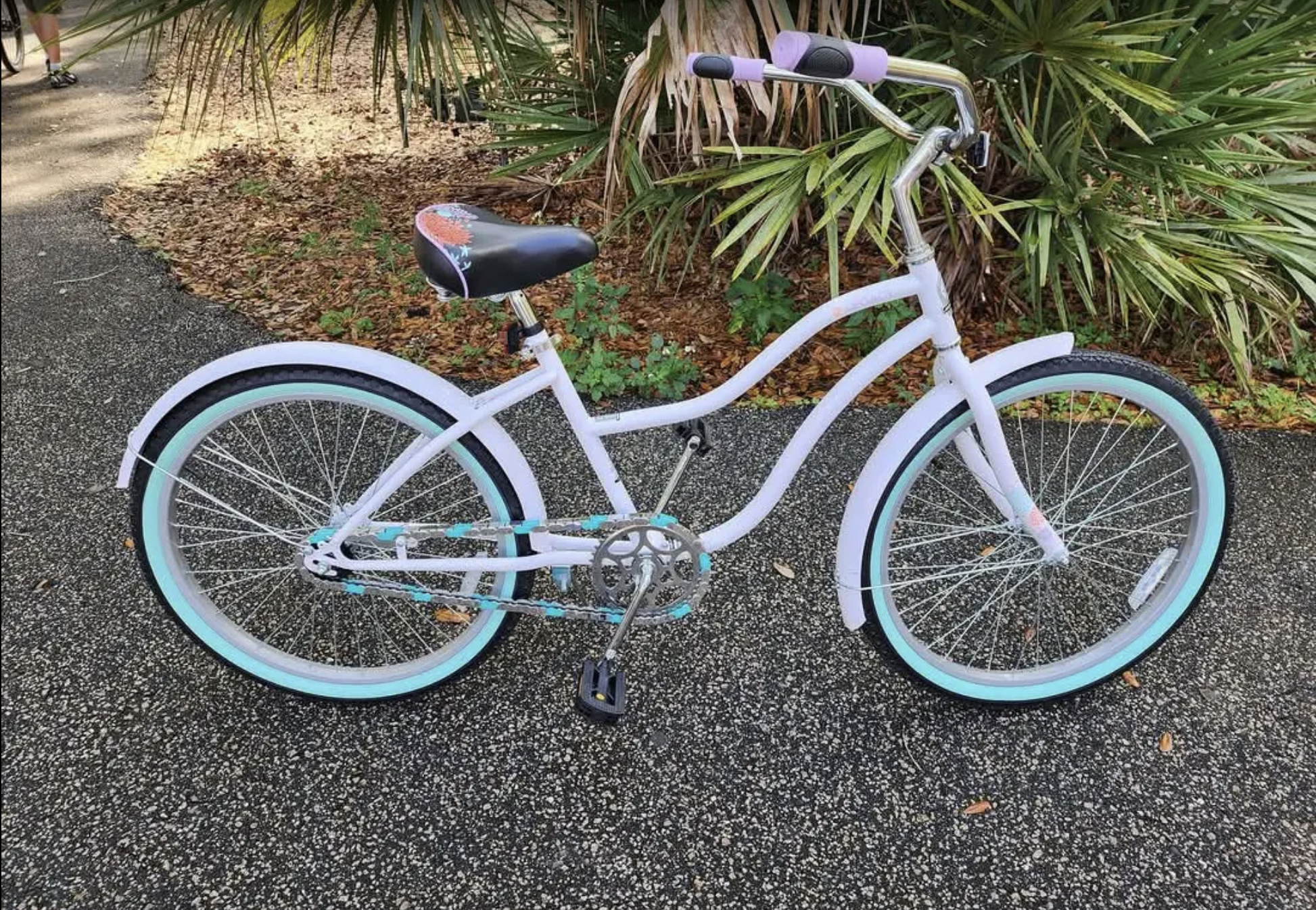 White bicycle with teal tires and Chrome & Teal Insane Chains cover on a paved path with greenery in the background