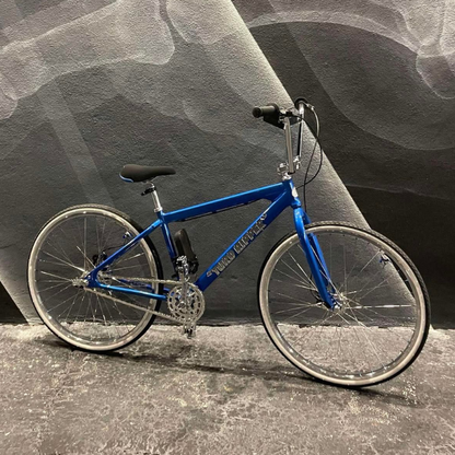 Custom SE Blue Big Ripper bicycle leaning against a textured wall with chrome insane chains snapped on
