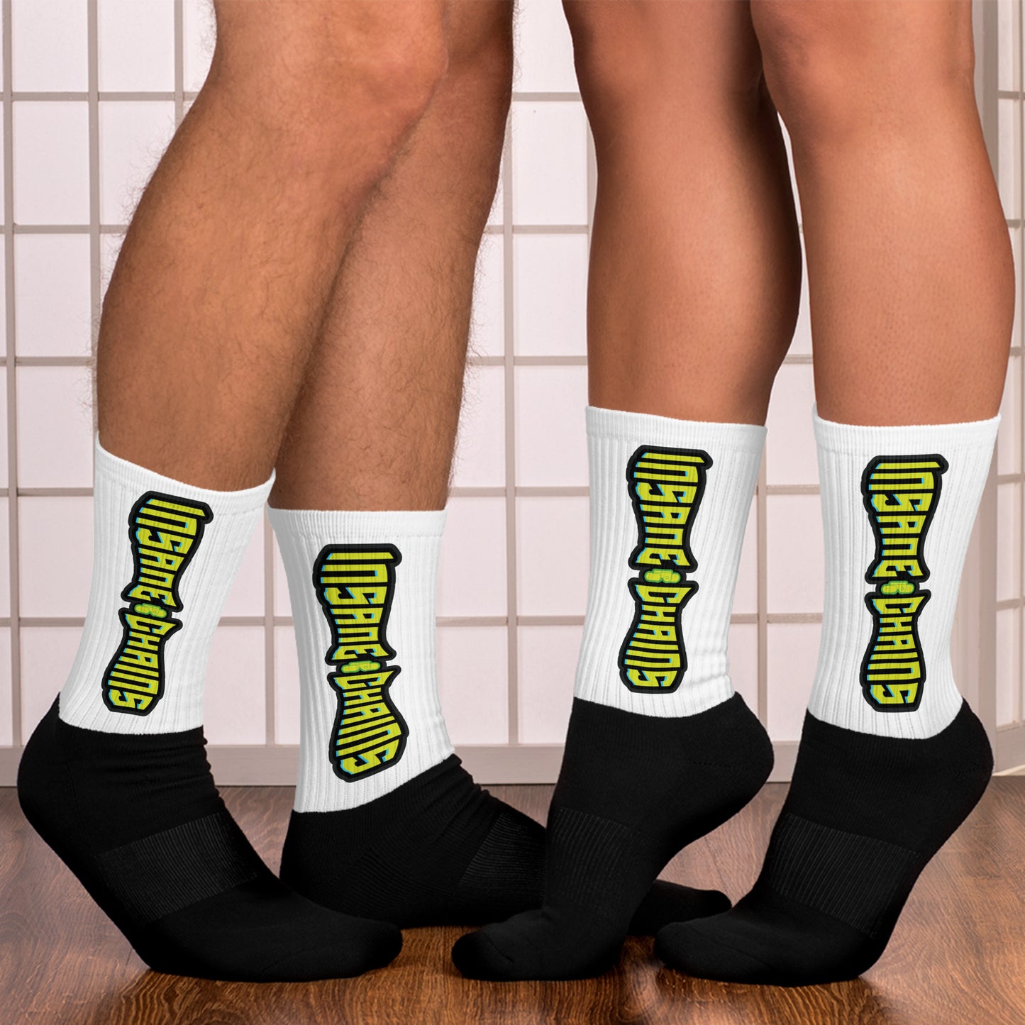 Insane Chains crew socks in bold design, perfect for comfort and style while cycling or relaxing.
