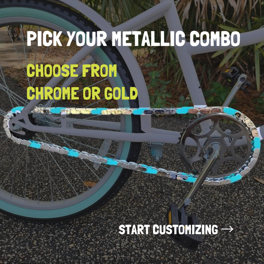 Beach cruiser adult bike with metallic chain featuring chrome and gold options for customization.