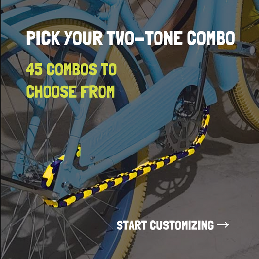 Beach cruiser bike showcasing two-tone combo options with snap-on caps for customization.
