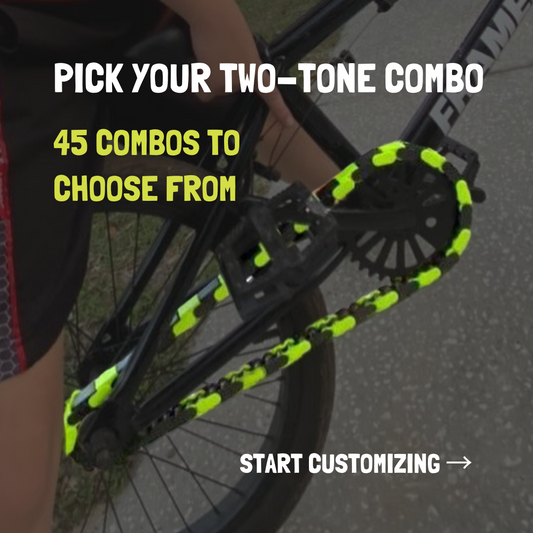 Childs 14 Inch Bike chain with two-tone design customization options on a blurred background