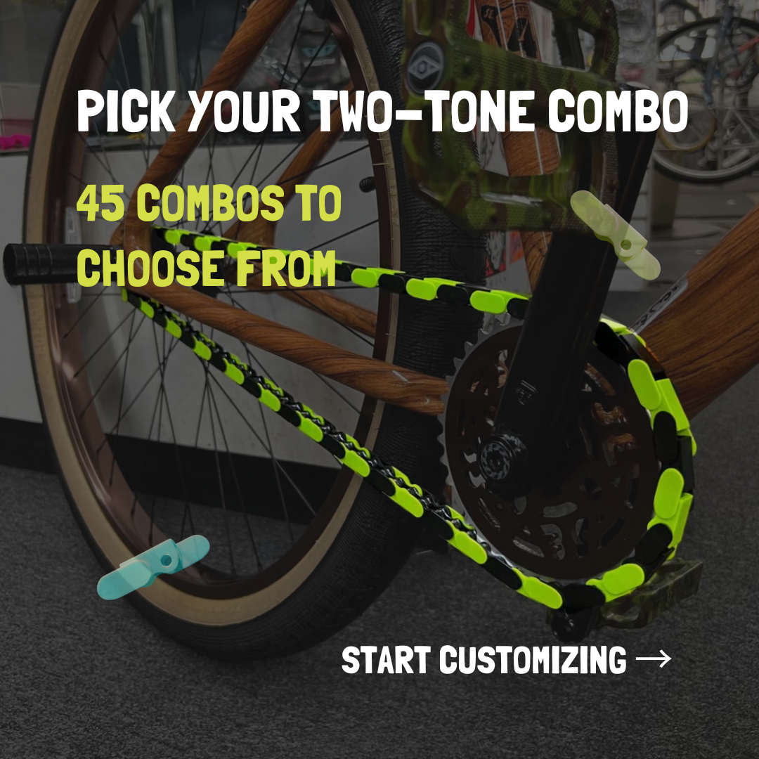 BMX Bike Youth customizable chain with two-tone snap-on caps and 45 color combos available.