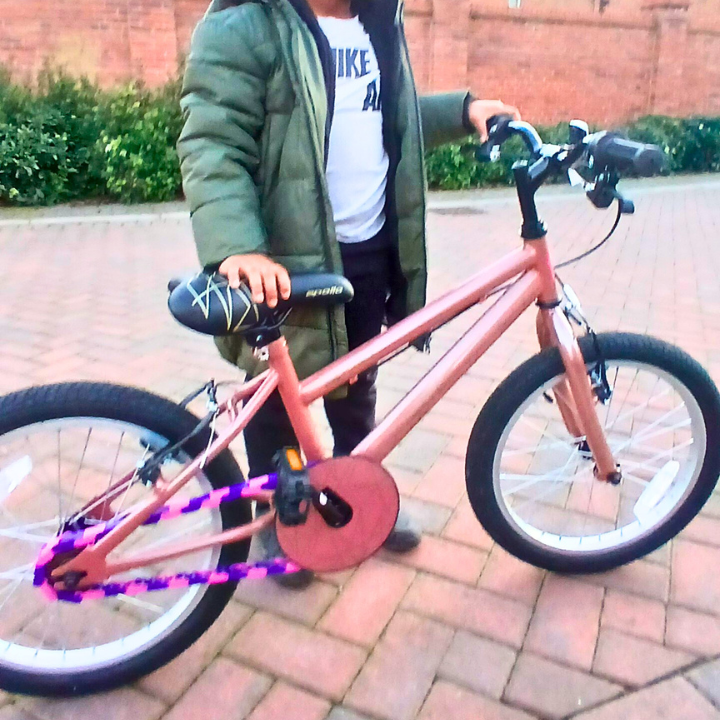 Childrens Bike 14 Inch in purple and pink, featuring Insane Chains and a playful two-tone design for kids.